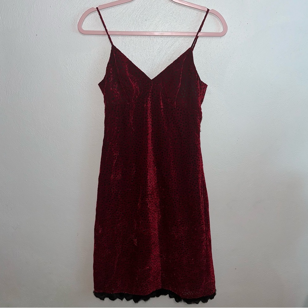 Vintage 90s Nicole Miller Red Burnout Velvet Dress w/ Fur Trim - Picture 7 of 15